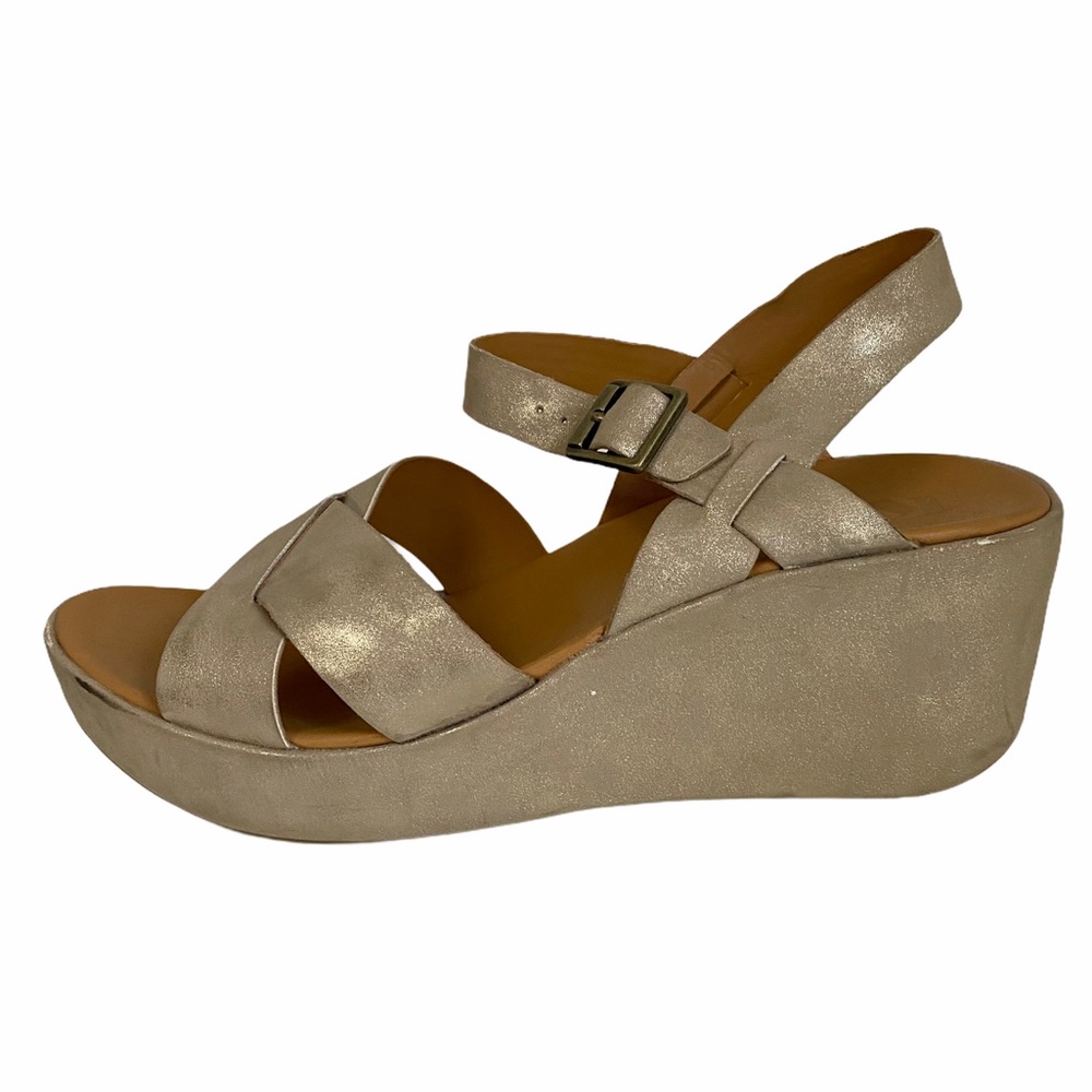Kork-Ease Ava Ankle Strap Soft Gold Wedges SZ 9